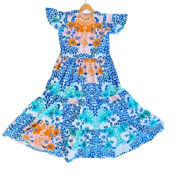 OLIPHANT V-neck Maxi Dress Size Medium Blue Antigua Multi Tiered Flutter Sleeve - Picture 7 of 11